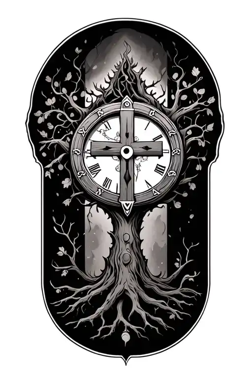 Cross With Tree Growing With A Clock In Background
