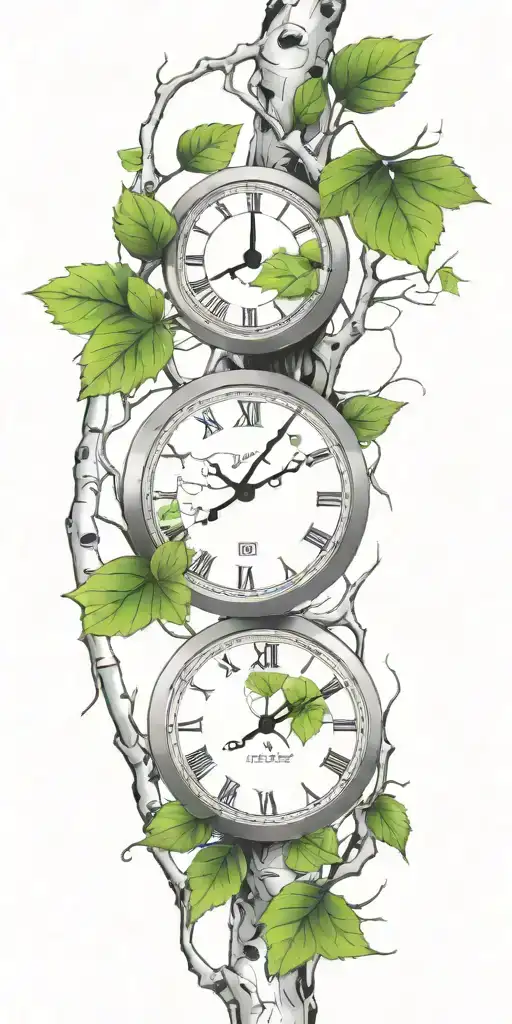 Birch Tree Branches And Green Leaves With Three Clocks Integrated Into It For An Arm Sleeve