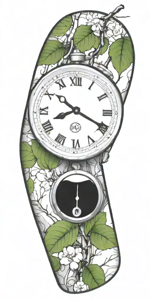 Birch Tree Branches And Green Leaves With Three Clocks Integrated Into It For An Arm Sleeve