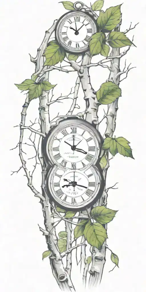 Birch Tree Branches And Green Leaves With Only 3 Clocks Integrated Into It For An Arm Sleeve
