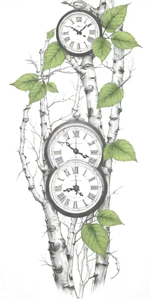 Birch Tree Branches And Green Leaves With Only 3 Clocks Integrated Into It For An Arm Sleeve