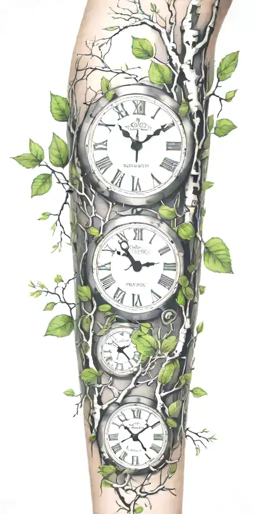 Birch Tree Branches And Green Leaves With Only 3 Clocks Integrated Into It For An Arm Sleeve