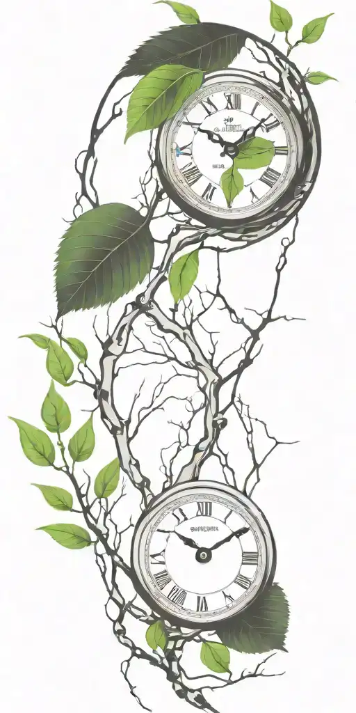 Birch Tree Branches And Green Leaves With Only 3 Clocks Integrated Into It For An Arm Sleeve
