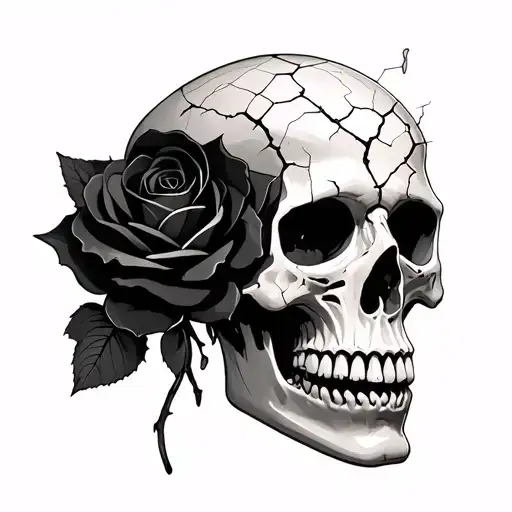 A Cracked Skull With A Black Rose Growing From It