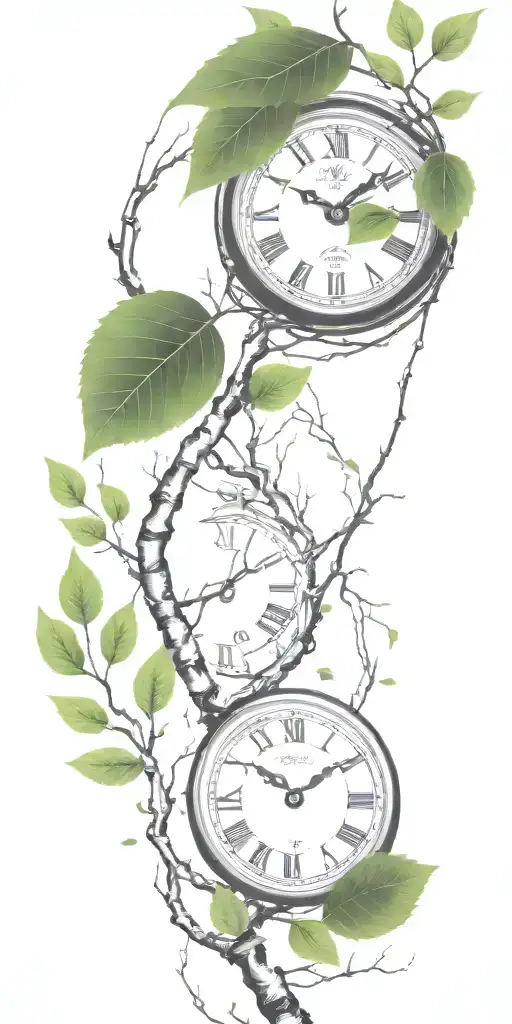 Birch Tree Branches And Green Leaves With Only 3 Clocks Integrated Into It For An Arm Sleeve