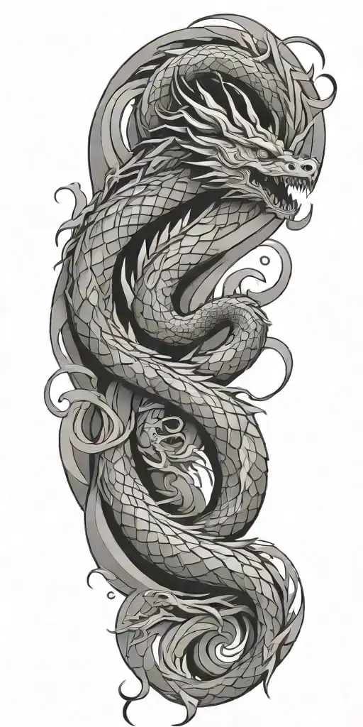An Ideology-inspired Tattoo Featuring A Dragon And Waves Merging Into A Geometric Symbol Of Strength