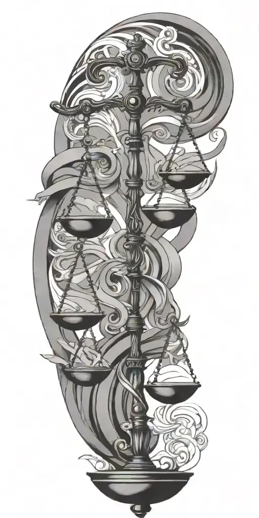 A Lawyer's Scales Of Justice Intertwined With Geometric Shapes And Waves Symbolizing Balance