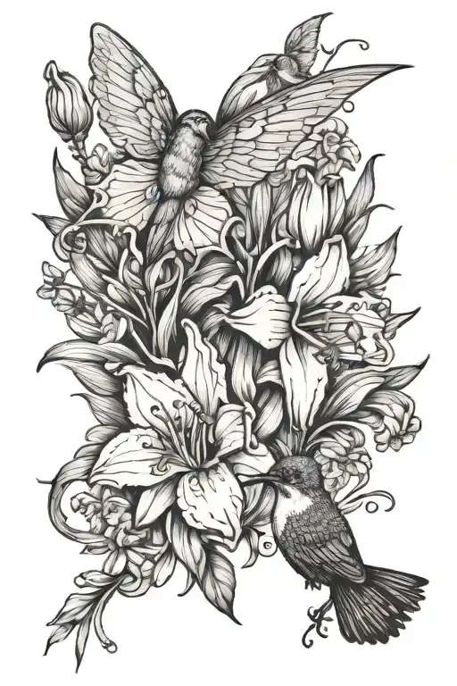 2 Daffodils And Honeysuckles With A Hummingbird