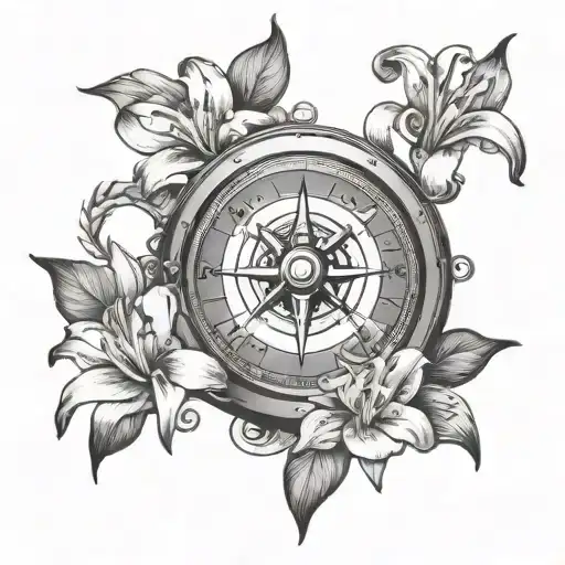 Compass And Lilly Flowers Tattoo Black