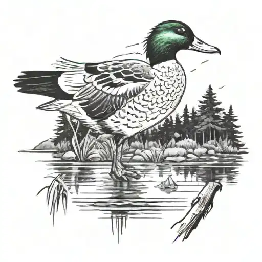 Duck Pond With Mallard On It And Eastern White Pines In The Background