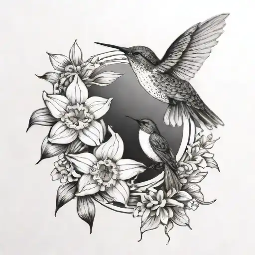 2 Daffodil Flowers And A Honeysuckle Flowers And A Hummingbird