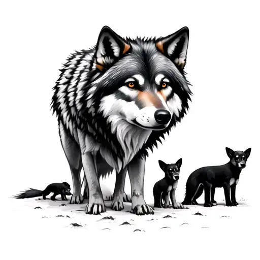 Wolf And Pups Standing Underneath Her