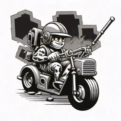 A Construction Worker Driving A Car Made Of Tools And Soccer Balls