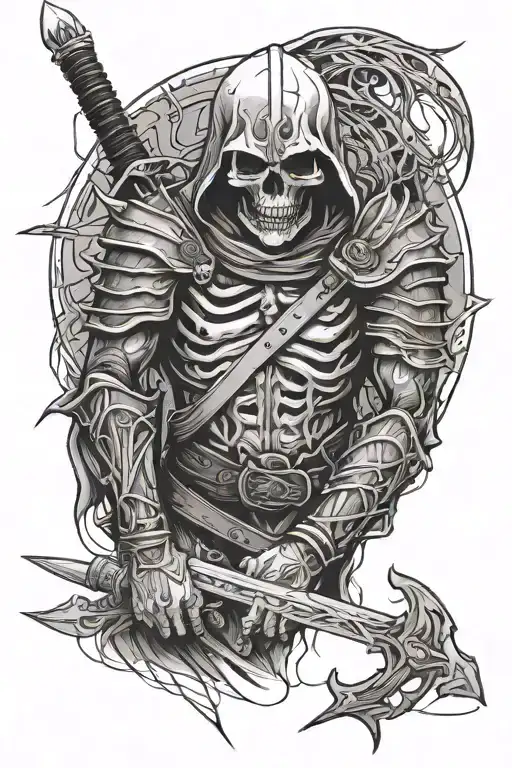 The Death Looking Straight Converted In A Warrior Holding A Blade And A Lot Of Lines All Over It