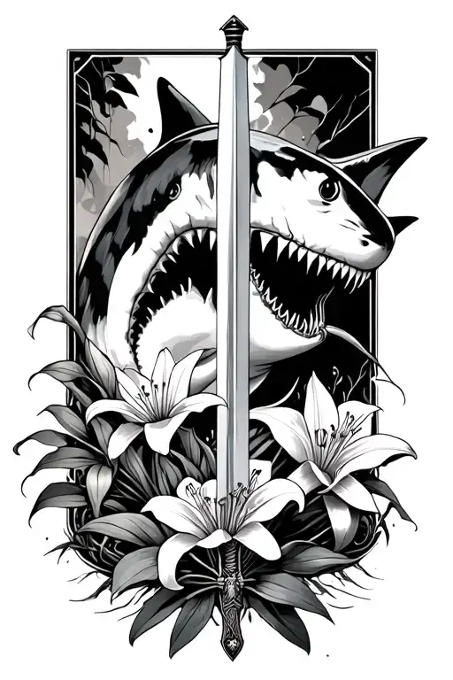 Great White Shark With A Sword And Spider Lillies Growing