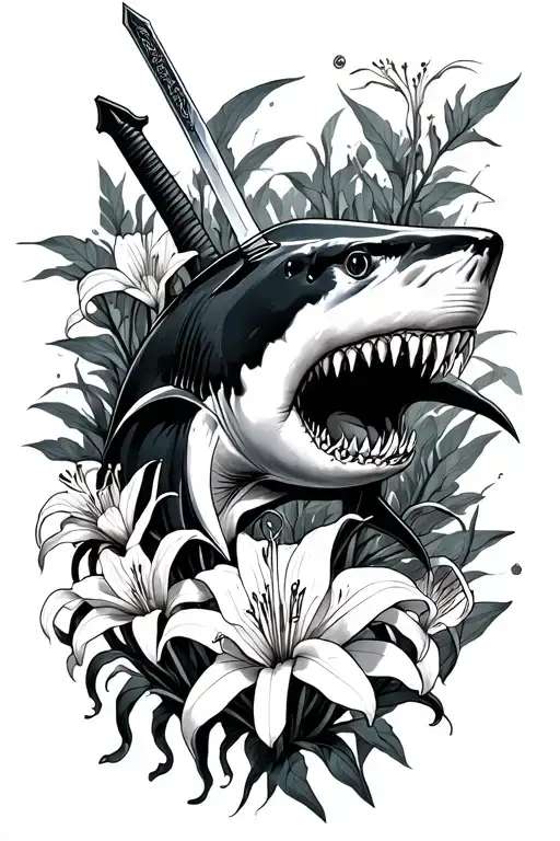 Great White Shark With A Sword Behind It And Spider Lillies Growing
