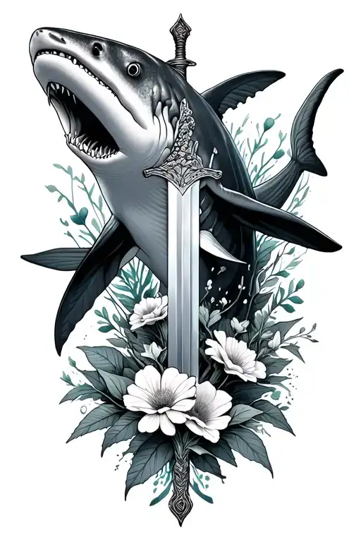 Whale Shark Swimming Around A Sword With Flowers Growing