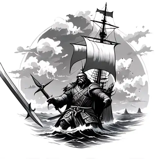 Viking Warrior Wielding A Sword An Simbles With Ship An Skys