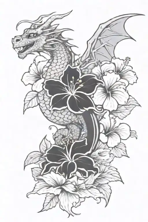 Dragon And Hibiscus Flowers