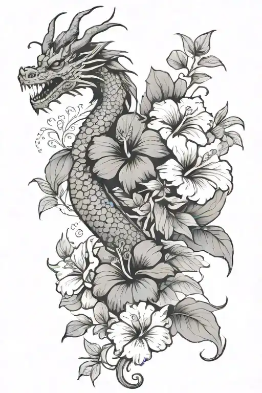 Dragon And Hibiscus Flowers