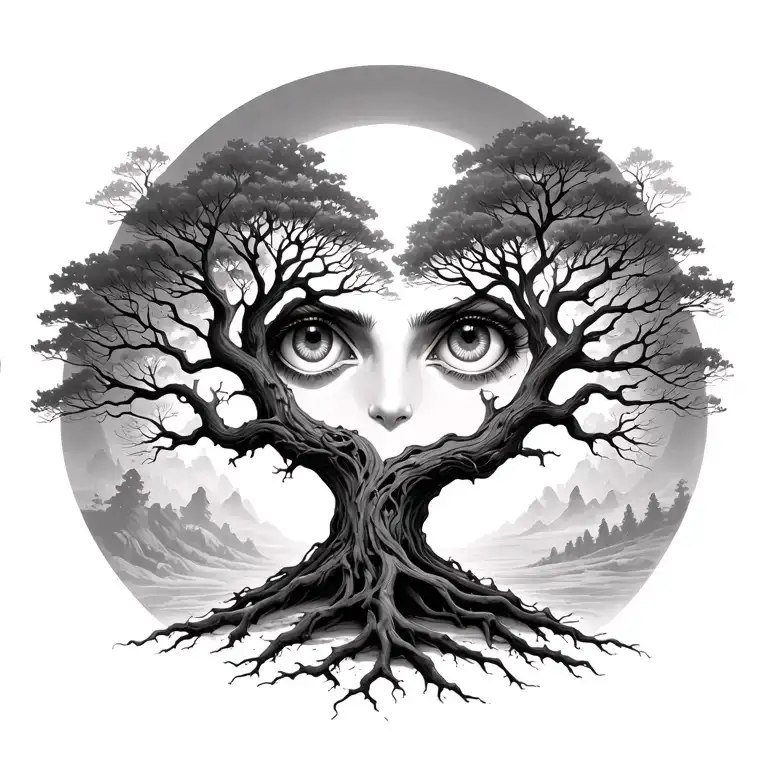 Yggdrasil Tree With Eyes Looking Out Into Distance