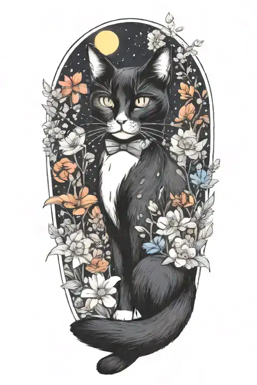 A Tuxedo Cat Exploring A Field Of Colorful Flowers Under A Starry Sky