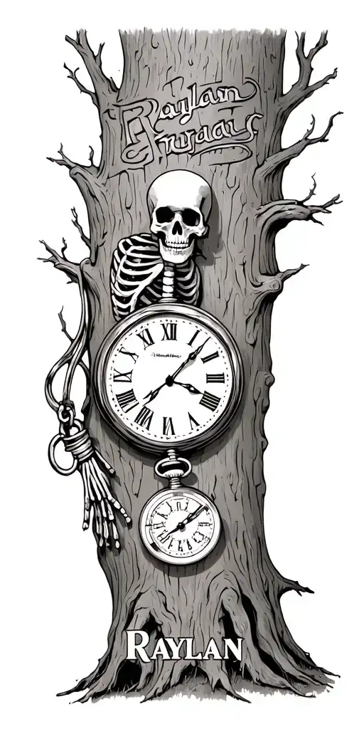 Tree With The Name Raylan Carved In The Trunk And A Skeleton Pocket Watch
