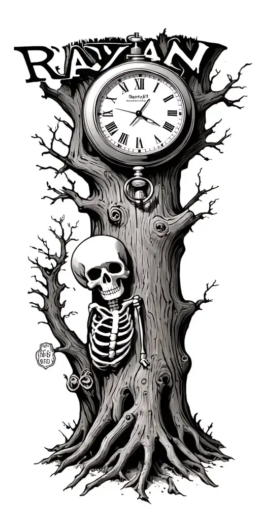 Tree With The Name Raylan Carved In The Trunk And A Skeleton Style Pocket Watch