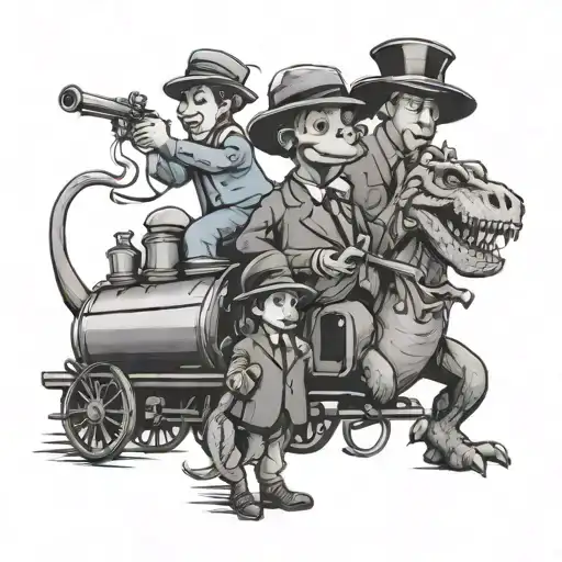 A Kid Conductor Leading A Steam Train Orchestra With Dinosaur Musicians