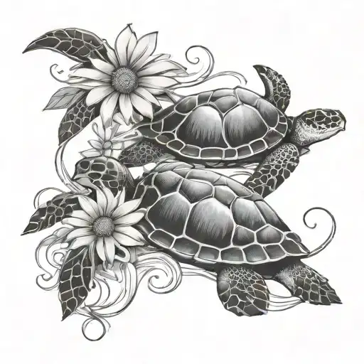 2 Sea Turtles Daisy Ribbon Heartbeat Line