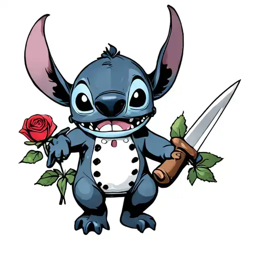 Stitch Fro Lilo And Stich Holding A Knife And A Rose While Wearing A Jason Mask