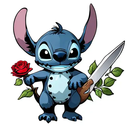 Stitch Fro Lilo And Stich Holding A Knife And A Rose While Wearing A Jason Mask