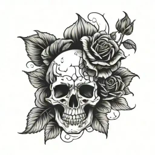 Skull Surrounded By Black Rose