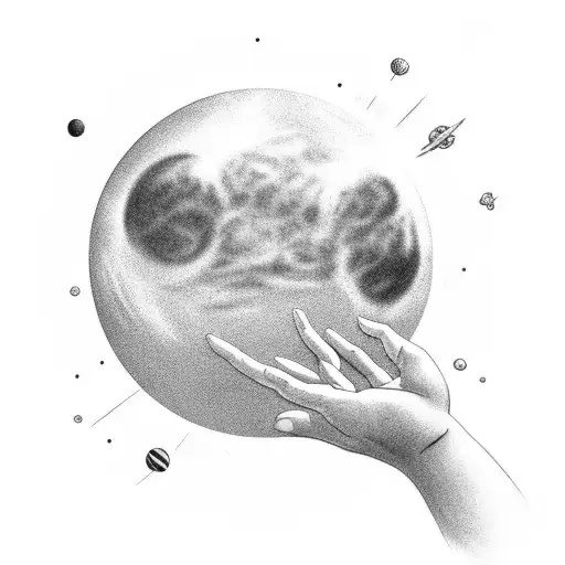 A Black-grey Tattoo Of Two Hands Reaching For A Distant Planet In Space