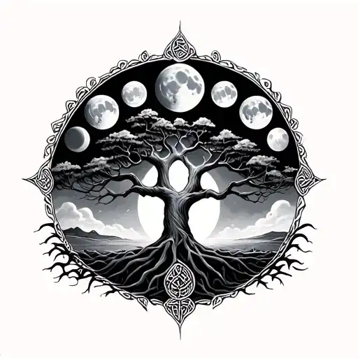 Celtic Tree Of Life And Moon Phases Above