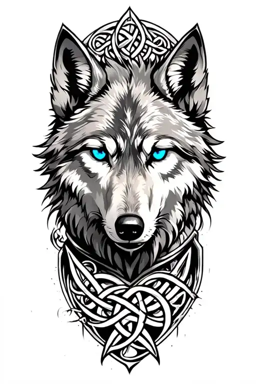 Wolf With Blue Eyes On Armor Tattoo Design Featuring Celtic Trinity Knot