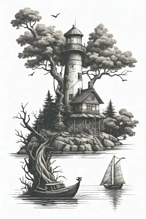 Ligthouse And Boat Floating Forest