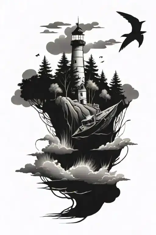 Ligthouse And Boat Floating Forest Scene
