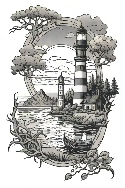 Ligthouse And Boat Forest Scene