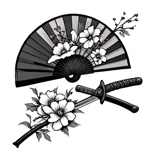 Japanese Fan With Flower And Katana
