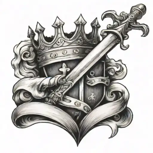 Sword Through Crown Holding Book In Hands