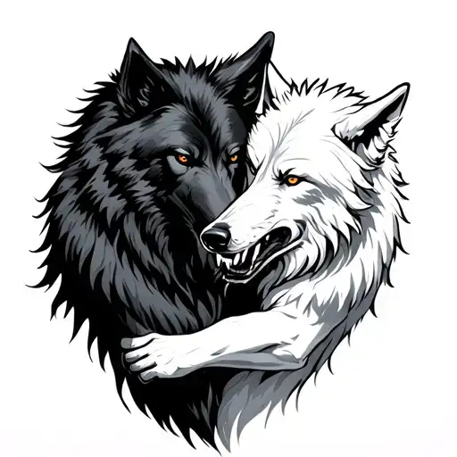 White Wolf Fighting A Black Wolf