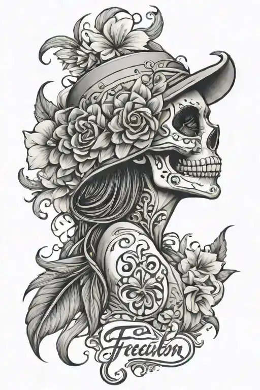 Chicano Girl Skull Patterns Flowers Inscription Freedom