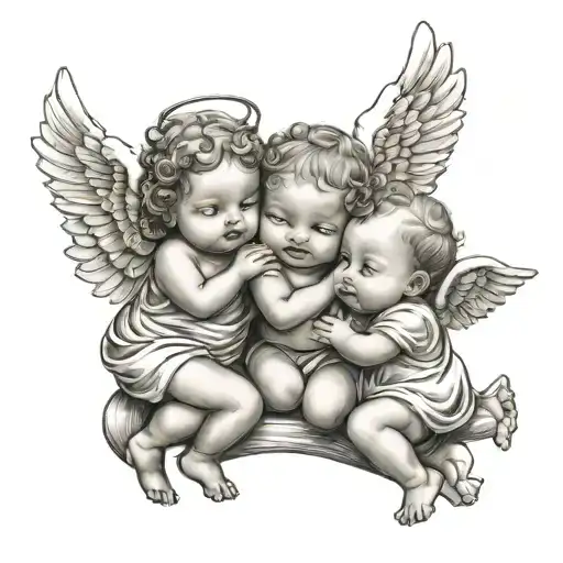 3 Baby Angels Flying Playing Whistle And Having Fun Cuddleling Eachother