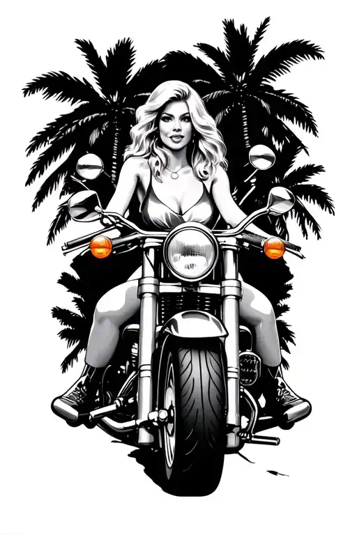 Harley Davison Pin Up Bombshell Blonde And Motorcycle With Palm Trees