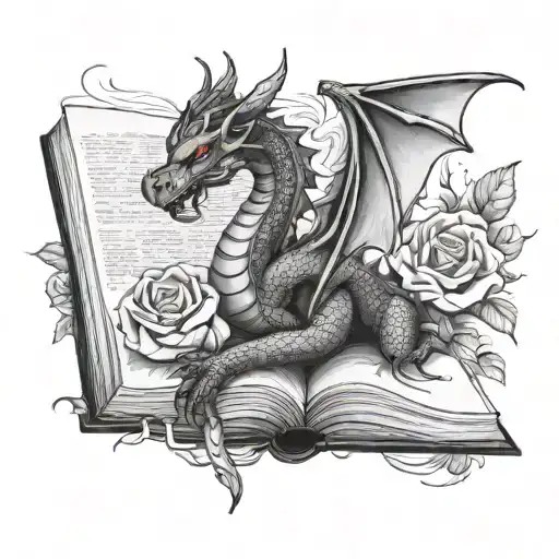 Open Book With Dragon And Roses Intertwined