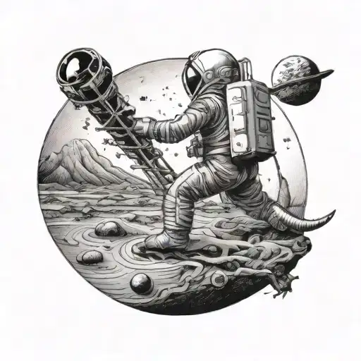 Astronaut Riding A Trex On The Moon With The Solar System In The Background