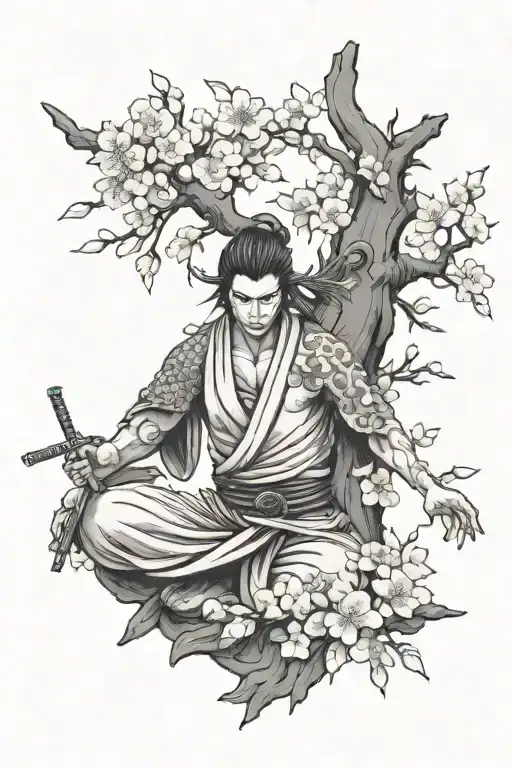 Samarai With Cherry Blossom Tree And A Shrine Guardians Infront