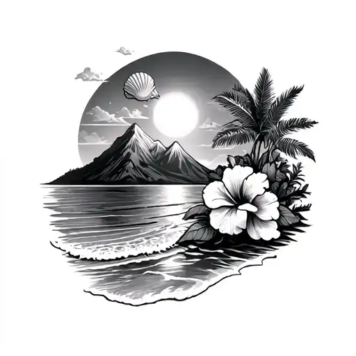 Forearm Tattoo Beach Lake Oceam Mountain Sea Shell Palmtree Sun Mountain Hibiscus