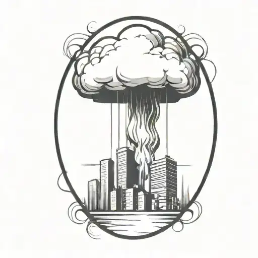 An Abstract Nuclear Explosion Mushroom Cloud Destroying A City In An Abstract Black Line Frame